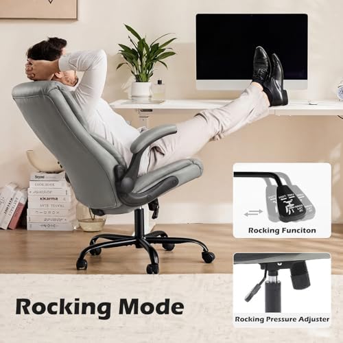 DUMOS Office Chair, Leather Ergonomic Chair Lumbar Support, Grey