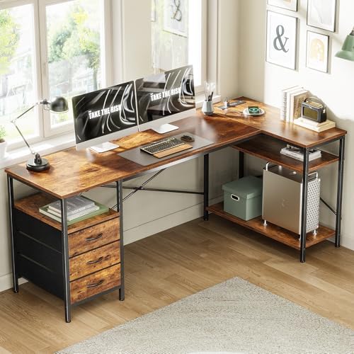 Huuger L Shaped Office Desk with Power Outlets & 3 Drawers