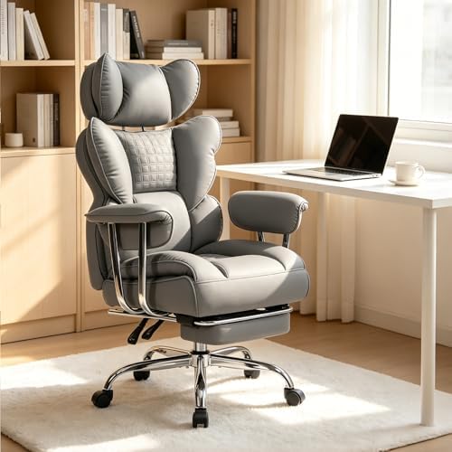 Big and Tall Office Chair 350 LBS, Scratch-Resistant PU Leather Executive Office Desk Chair with Footrest, Ergonomic Reclining Computer Chair with Pocket Spring Support for Home Office, Grey
