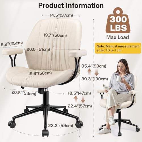 Leather Office Chair with Removable Armrests, Mid Back Ergonomic Desk Chair with Lumbar Support, Adjustable Height Rocking Swivel Executive Chair for Home Office, White