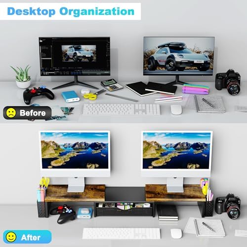 Spacrea Wood Dual Monitor Stand Riser with Drawer and 2 Pen Holders