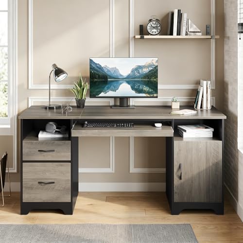 Bestier 59" Executive Desk, File Drawer, Keyboard Tray & 2 Drawers, Gray