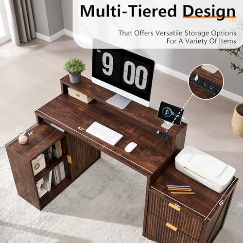 67" Modern Desk with Storage Cabinet & 2 Drawers, Built‑in Outlet