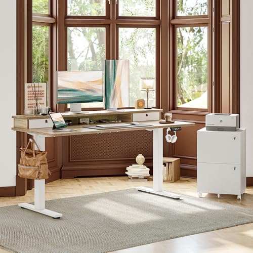 TIQLAB Standing Desk with Two Drawers, Stand Up Standing Desk Adjustable Height, Electric Sit Stand Table with Storage Shelf and Splice Board, 63 * 24 inch, Maple
