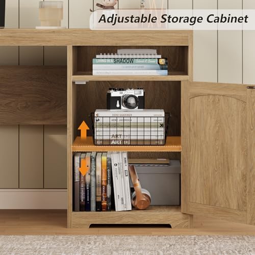 63" Fluted L Shaped Desk with Drawers & Printer Shelf for Home Office