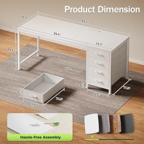 PRAISUN 55.1 Inch Computer Office Desk with Power Outelts and USB-C Port, Reversible Gaming Desk with 4 Fabric Drawers, Work Study Desk Work from Home, White