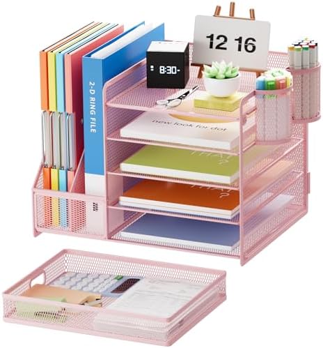 Marbrasse Desk Organizer with File Holder, 5-Tier Paper Letter Tray Organizer with Drawer and 2 Pen Holder, Mesh Desktop Organizer and Storage with Magazine Holder for Office Supplies(Pink)