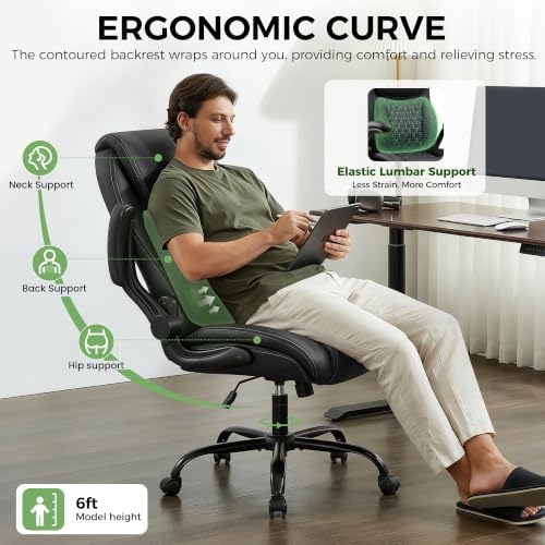 Office Chair, Ergonomic Executive Desk Chair with Lumbar Support for Lower Back Pain Relief, Padded Flip-Up Armrests, Leather Home Office Chair, Black