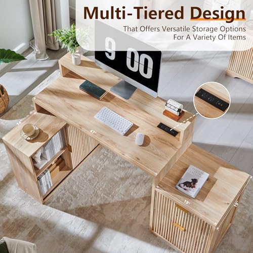 67" Modern Desk with Cabinet & 2 Drawers, Office Desk Built‑in Outlet