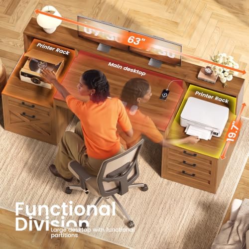 SEDETA 63" Farmhouse Computer Desk with 5 Drawers, Brown