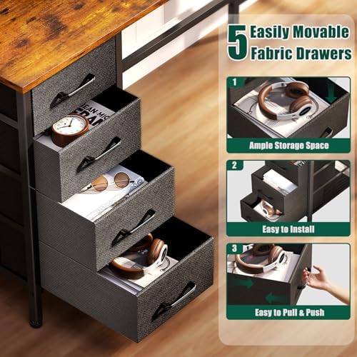 Korfile 47 Inch Computer Desk with Power Outlets,LED,5 Drawers,Rustic Brown