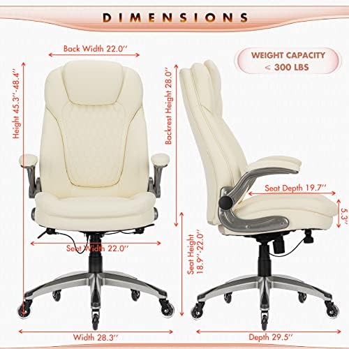 COLAMY Ergonomic High Back Office Chair, Ivory Bonded Leather Executive Desk Chair with Flip-up Arms, Thick Cushion, Silent Nylon Wheels, Adjustable Height & Rocking Function, 300lbs Capacity