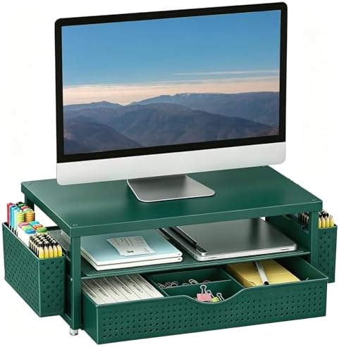 gianotter Desk Organizers and Accessories, Monitor Stand with Drawer and 2 Pen Holder, Desktop Organizer Suitable for Offices and Dormitories (Green)