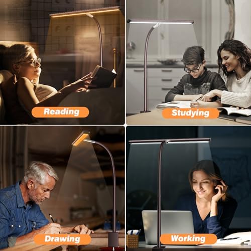 Airlonv LED Desk Lamp with Clamp, 17" Stepless Dimming Light, Brown