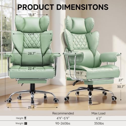 COMHOMA Big and Tall Office Chair, High Back Leather Gaming Chair with Footrest, Executive Ergonomic Office Chairs with Pocket Spring Lumbar Support and with Outward Fixed Soft Armrests