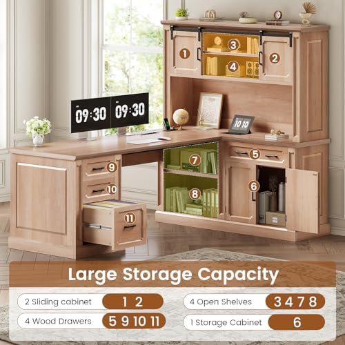 SEDETA 67" Farmhouse Executive L Shaped Desk with Hutch & Storage