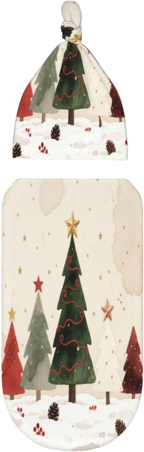 Christmas Baby Swaddle Blanket and Hat Set for Newborn Boys Girls Soft Infant Wrap Sleep 0-6 Months Christmas Tree-3
