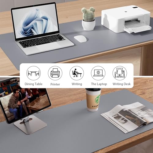 Aothia Faux Leather Desk Mat - Non-Slip PU Leather Desk Blotter, Waterproof Writing Surface, Large Desk Pad for Office & Home (Light Grey, 55" x 24")