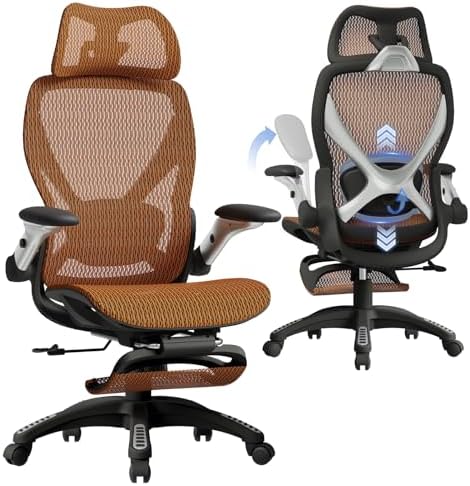 ELABEST X100 Ergonomic Mesh Office Chair with Footrest, Big and Tall Home Desk Chair with 5D Flip-Up Arms, Adjustable 3D Lumbar Support, Gaming & Executive Computer Chair (Tangerine Burst)