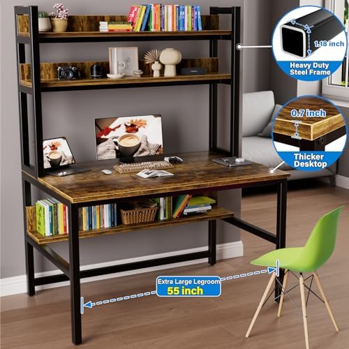 Aquzee Computer Desk with Hutch, 55 Inch Desk with Shelves