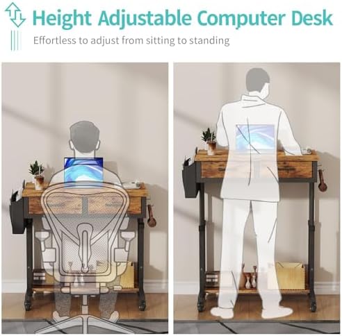 Small Portable Standing Rolling Desk - 32 Inch Adjustable Mobile Stand Up Teacher Desks with 2 Fabric Drawers on Wheels, Couch Sofa Side Laptop Table with Storage for Bedroom Home Office, Rustic Brown