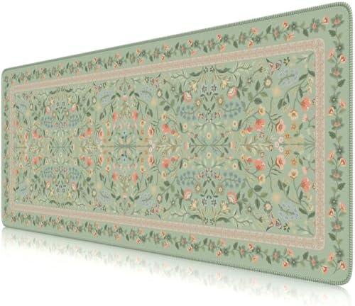iCasso Aesthetic Floral Desk Mat,31.5x11.8in Mouse Pads,Light Green