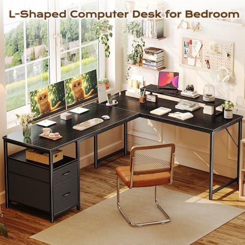 PRAISUN 63 Inch L Shaped Desk with Power Outlets and USB-C Port, Computer Corner Home Office Desk with File Fabric Drawers and Movable Monitor Stand, Larger Storage, Gaming, Writing, Work, Black