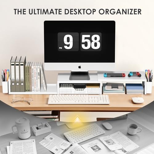 OPNICE Desk Organizers and Accessories, Dual Monitor Stand Riser with Drawer and 2 Pen Holders, Desk Shelf Computer Racks for Office Workspace Organizers, Desktop Organization (White)