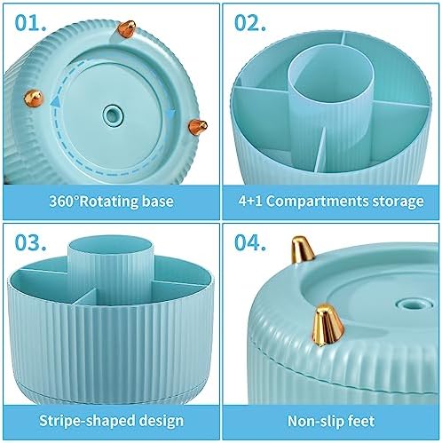 Marbrasse Desk Organizer, 360-Degree Rotating Pen Holder, Desk Organizers and Accessories with 5 Compartments Pencil Holder, Art Supply Storage Box Caddy for Office, Home（Light Blue）
