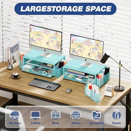 OPNICE Desk Organizer and Accessories, 2-Tier Computer Monitor Stand Riser with Drawer and 2 Pen Holders, Laptop Stand, Office Desk Accessories for Office Supplies, Teal Blue