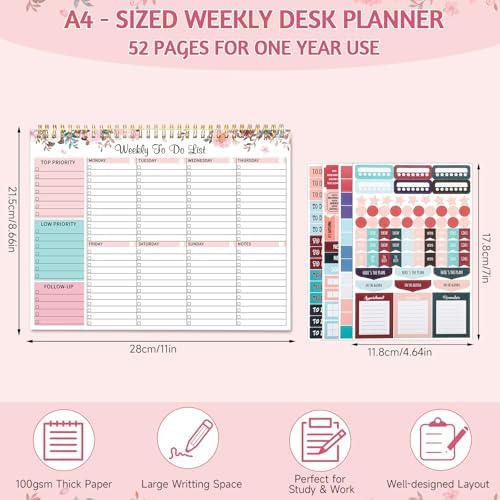 Thboxes Weekly To Do List Notepad, 8.5"x11" Desk Planner 52 Sheets, Pink