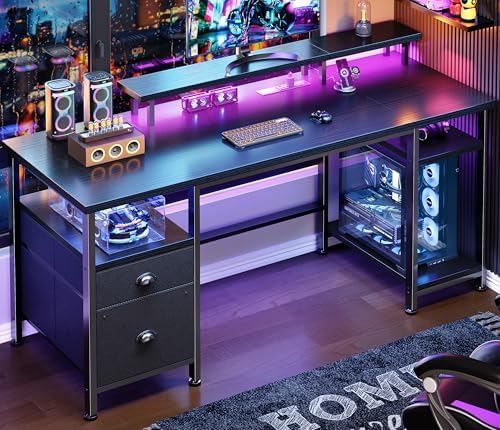 Furologee 61" Gaming Desk with Outlets & LED, Large Computer Desk, Black