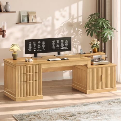 SEDETA 70.9" Executive Desk, Fluted Office Desk with Drawers, Fluted Oak