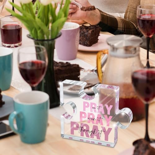 Religious Plaques Christian Woman Decor Gifts - Pray on it Pray over it -Puzzle Acrylic Sign - Pink Office Desk Accessories Decor Sign, Pink Dorm Room for Women - Long Distance Gifts (puzzle)