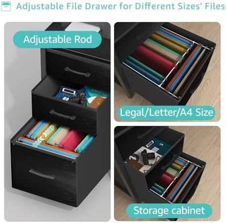 Lufeiya Computer Desk with Fabric File Drawers Cabinet, 55 Inch Reversible Home Office Desks with Filing Cabinet, Study Writing Table PC Desks with Storage for Bedroom, Black