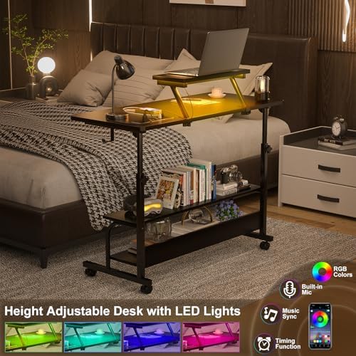 Height Adjustable Standing Desk with Power Outlets and LED Lights - 39" Manual Stand Up Desk with Monitor Stand and Storage Shelves Small Mobile Rolling Computer Desk Portable Laptop Table, Black