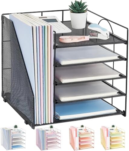 LEKETREE Desk Organizers and Accessories, 5-Tier Paper Letter Tray Organizer with File Holder, Desktop Organizer for Office Supplies (Black)