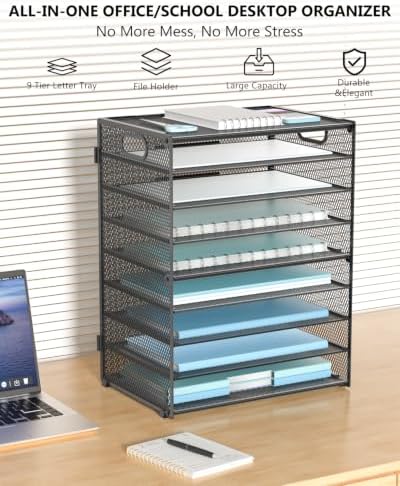 WALI Desk File Organizer, 9 Tier Desktop Paper Letter Tray Organizer with Handle, Office Desk Accessories & Workspace Organizers for Office, Home, School Supplies, 1 Pack, Black
