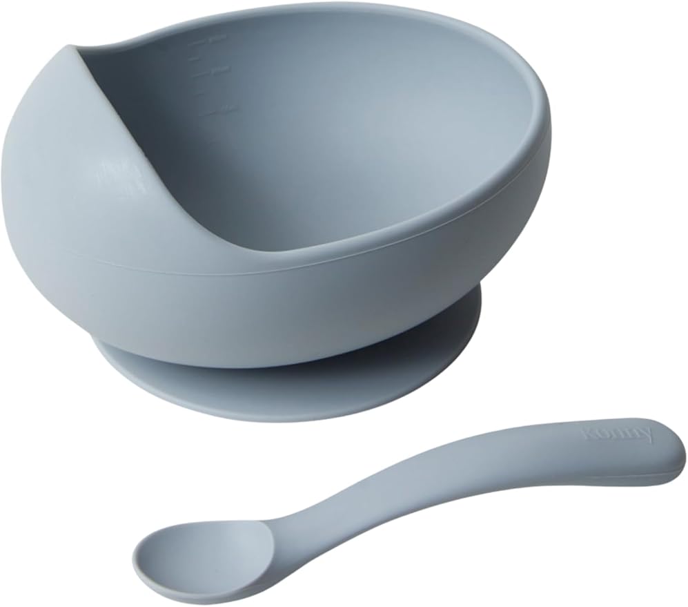 Konny Baby Bowl Microwaveable Silicone & Spoon Set, Self Feeding Essentials Baby Led Weaning Supplies -Grey Seed