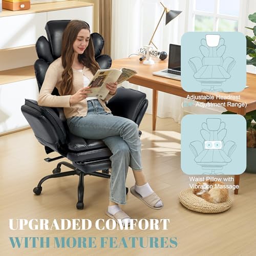 Flip Armrests Criss Cross Office Chair, Reclining Office Chair with Foot Rest, Adjustable Headrest, Massage Waist Pillow, Cross Legged Big and Tall Desk Chair Wide Seat Vanity Chair,Black PU Leather