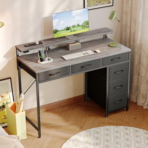 Huuger Gaming Desk with 6 Drawers, Computer Desk with LED Lights Power Outlets and Type-C, 39 Inch Office Desk with Storage, Monitor Stand, Writing & Work Desk for Home Office, Bedroom, Grey