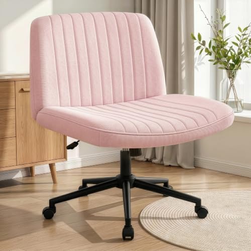 NEO CHAIR Criss Cross Chair with Wheels Armless Cross Legged Office Desk Wide Comfy Vanity Makeup Chair Adjustable Swivel Rolling Computer for Home Office Fabric (Pink)