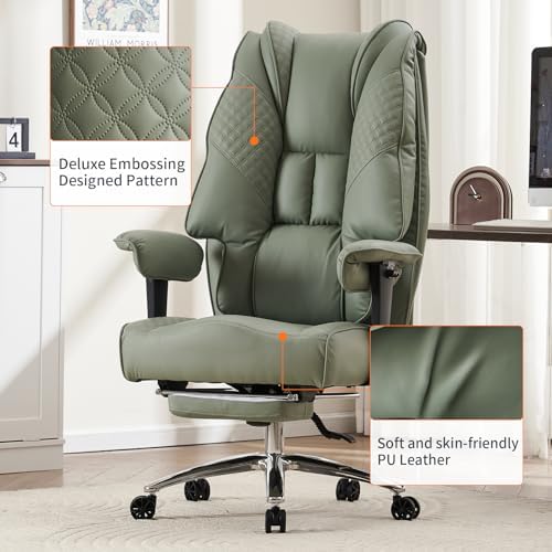 EXCEBET Big and Tall Office Chair 400lbs Wide Seat, Leather High Back Executive Office Chair with Foot Rest, Ergonomic Chairs Lumbar Support for Lower Back Pain Relief (Light Green)