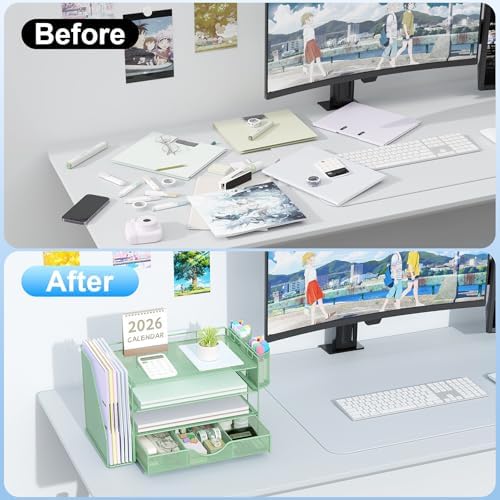 gianotter 4-Tier Desk Organizer with Drawers, File Holders, Letter Trays and Pen Holders - Workspace Accessories for Office Supplies (Sage Green)
