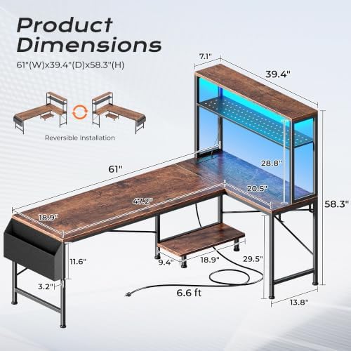 PRAISUN L Shaped Gaming Desk with LED Lights & Power Outlets