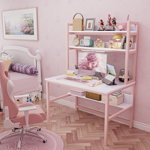Aquzee Pink Desk with Shelves, Computer Desk with Hutch, 47 Inch