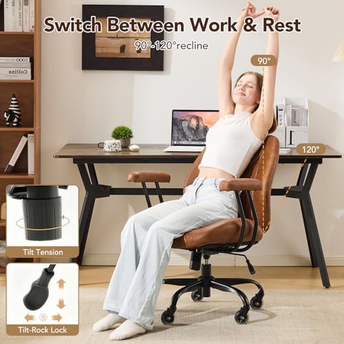 YFO Home Office Desk Chair Office Rubber Casters Ergonomic Computer Chair with Lumbar Support Adjustable Height Rolling Swivel Executive Task Armrests Chair， Brown Leather