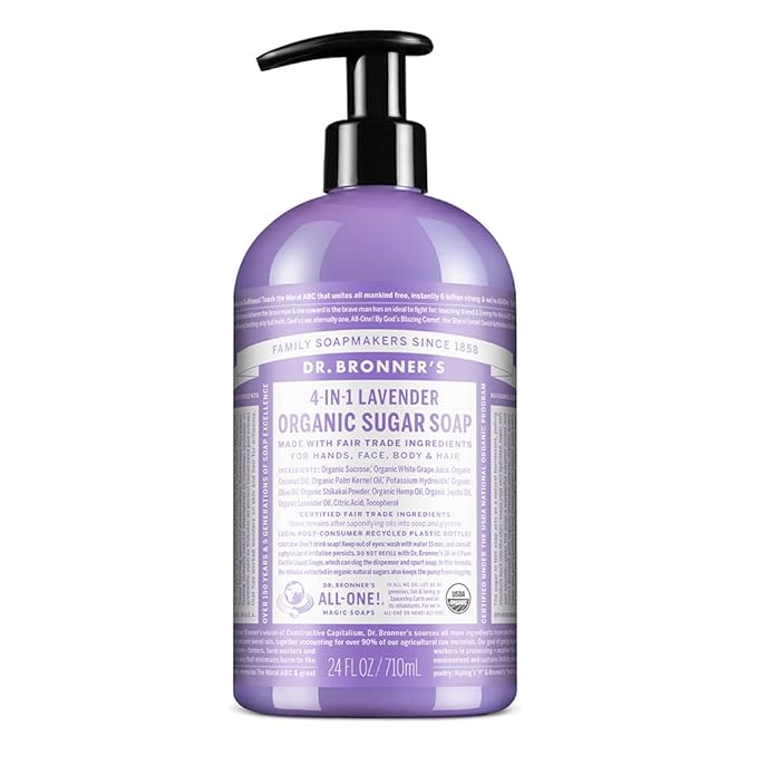 Dr. Bronner's - Organic Sugar Soap (Lavender, 24 Ounce) - Made with Organic Oils, Sugar and Shikakai Powder, 4-in-1 Uses: Hands, Body, Face and Hair, Cleanses, Moisturizes and Nourishes, Vegan