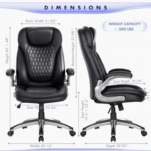 COLAMY Executive Office Chair-Ergonomic Computer Desk Chair, High Back Leather Chair with Padded Flip-up Arms, Swivel Home Office Chair, Black