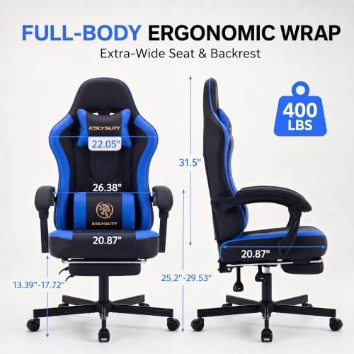 Desk Computer Gaming Chair - High Back Ergonomic Office Chair with Footrest and Lumbar Support, Swivel Comfy Home Gamer Video Game Chairs with Pocket Spring Cushion for Adults (Blue Leather)